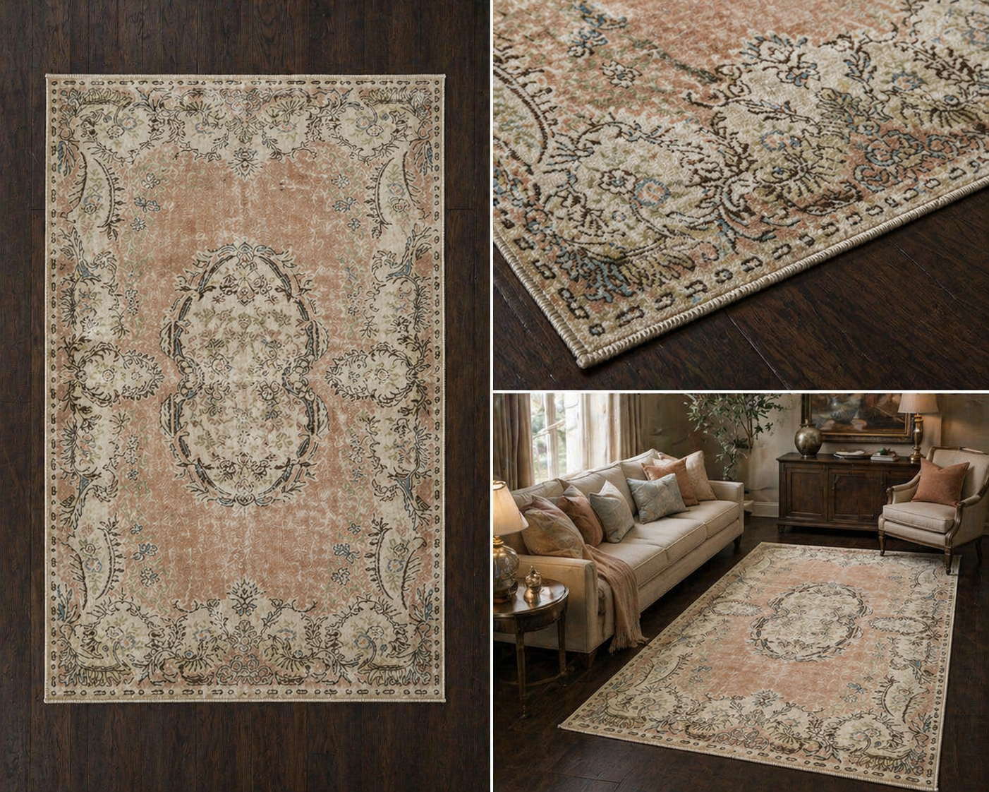 Vintage Turkish Rug 177x290 cm – Handmade Wool Soft Coral Oushak Style Large Area Rug
