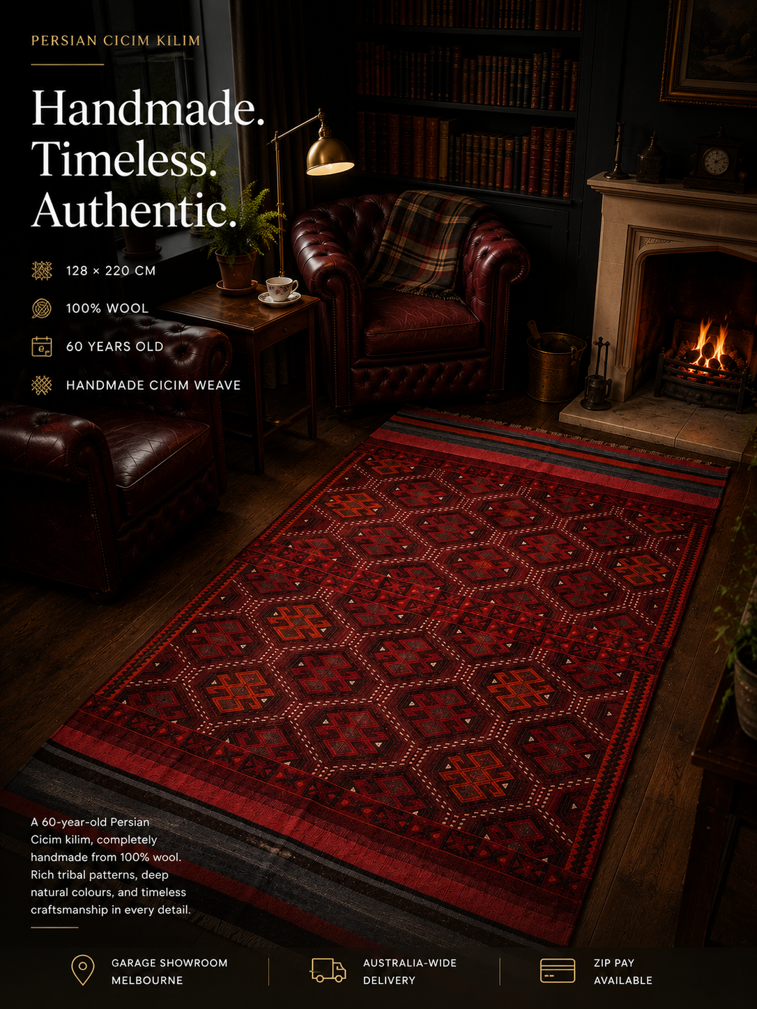 Handmade Persian Cicim Kilim – 128 × 220 cm – Vintage Wool Tribal Rug