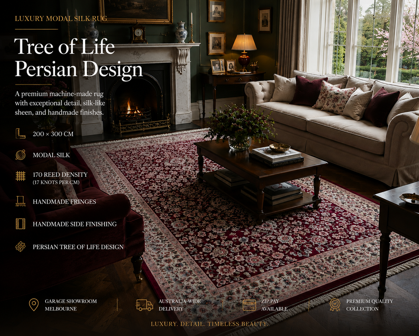 Exclusive Modal Silk Rug – 200 × 300 cm – 170 Reed Count – Luxury Persian Style Rug – Handmade Fringe