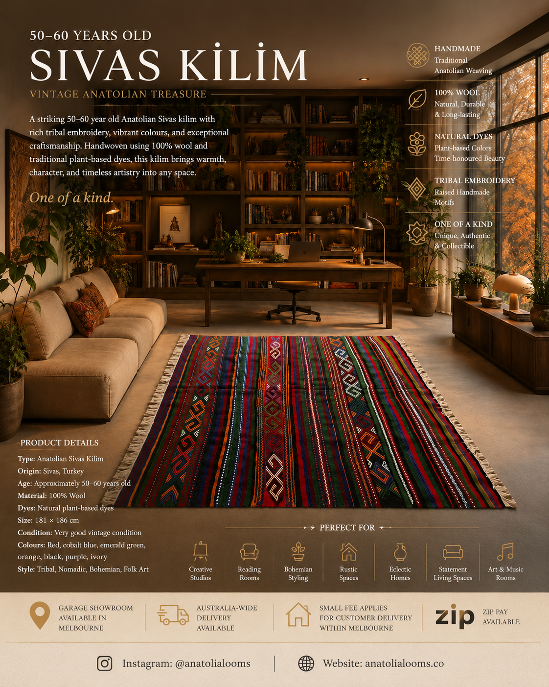 Vintage Anatolian Sivas Kilim – 181 × 186 cm – Handmade Wool Tribal Rug