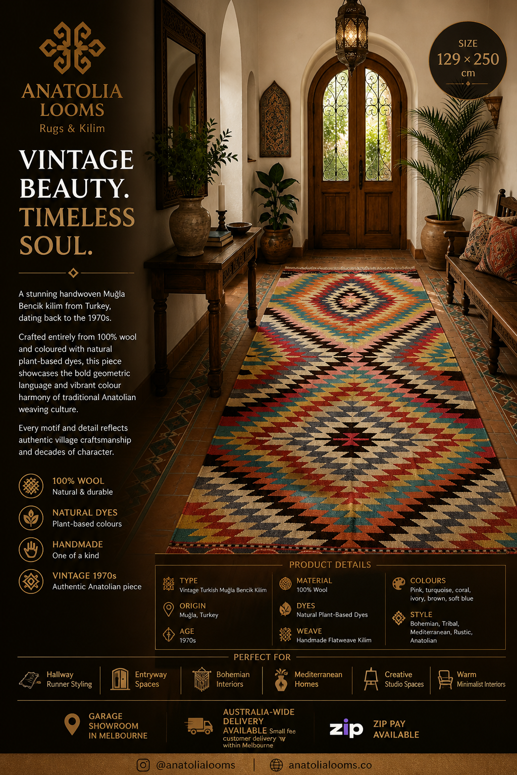 Vintage Muğla Bencik Kilim – 129 × 250 cm – Handmade Wool Turkish Kilim