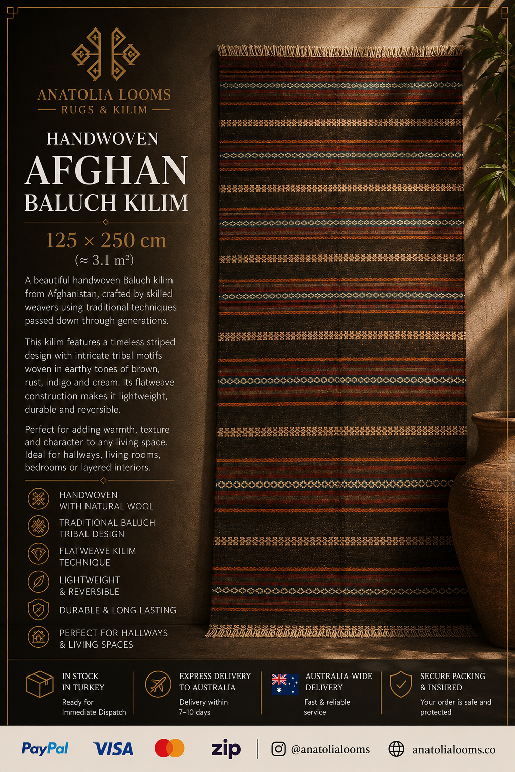 Afghan Baluch Kilim – 125 × 250 cm