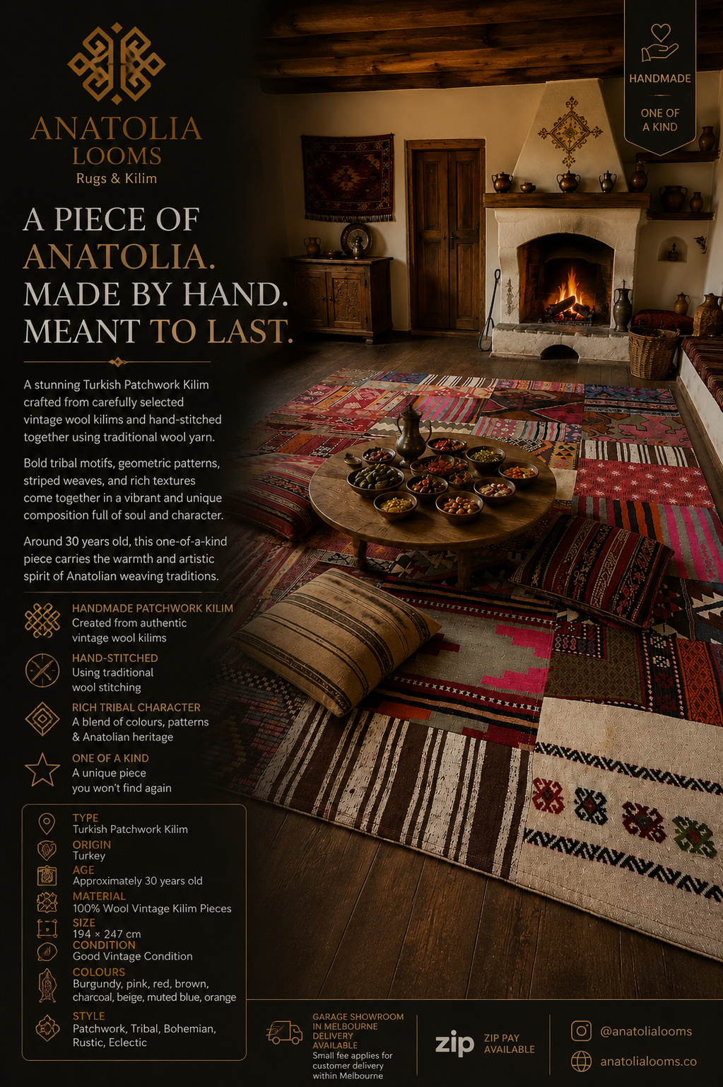Turkish Patchwork Kilim Rug – 194 × 247 cm – Handmade Vintage Wool Kilim