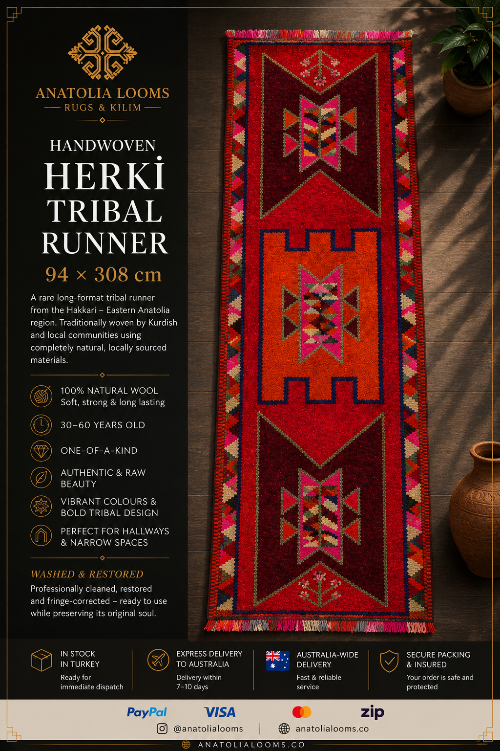 94 × 308 cm | Handmade Vintage Herki Wool Runner