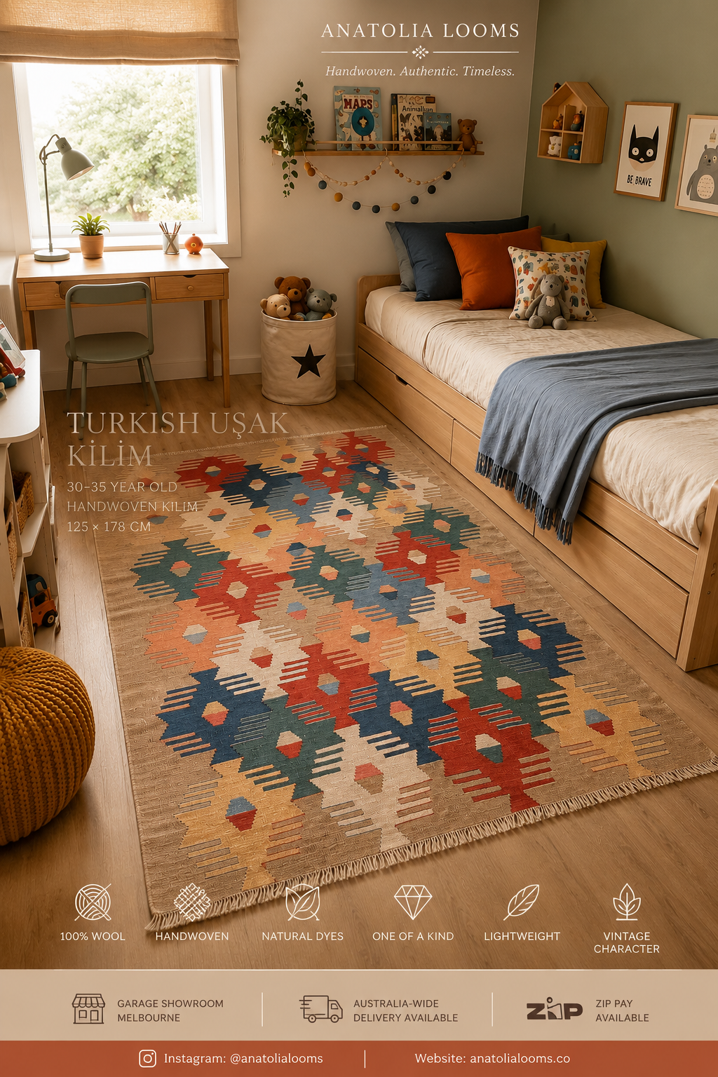 Vintage Turkish Uşak Kilim – 125 × 178 cm – Handmade Wool Tribal Rug