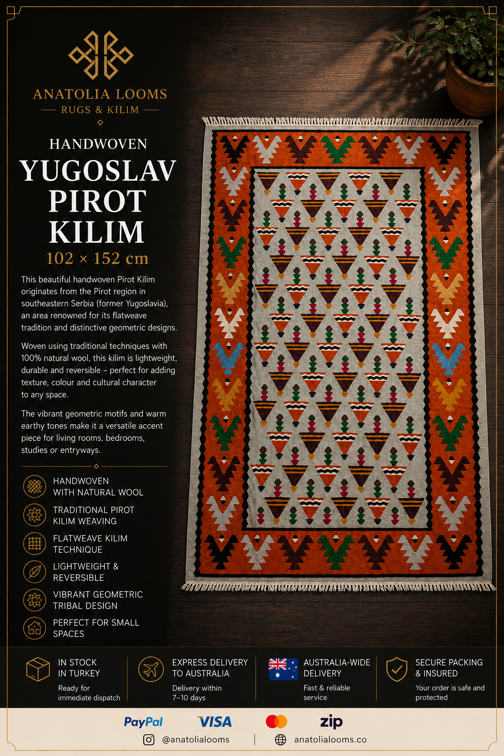 102 × 152 cm | Handmade Yugoslav Pirot Wool Kilim