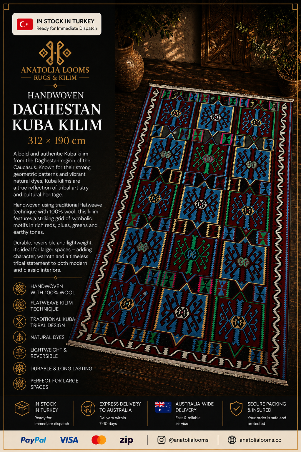 312 × 190 cm - Daghestan Kuba Kilim