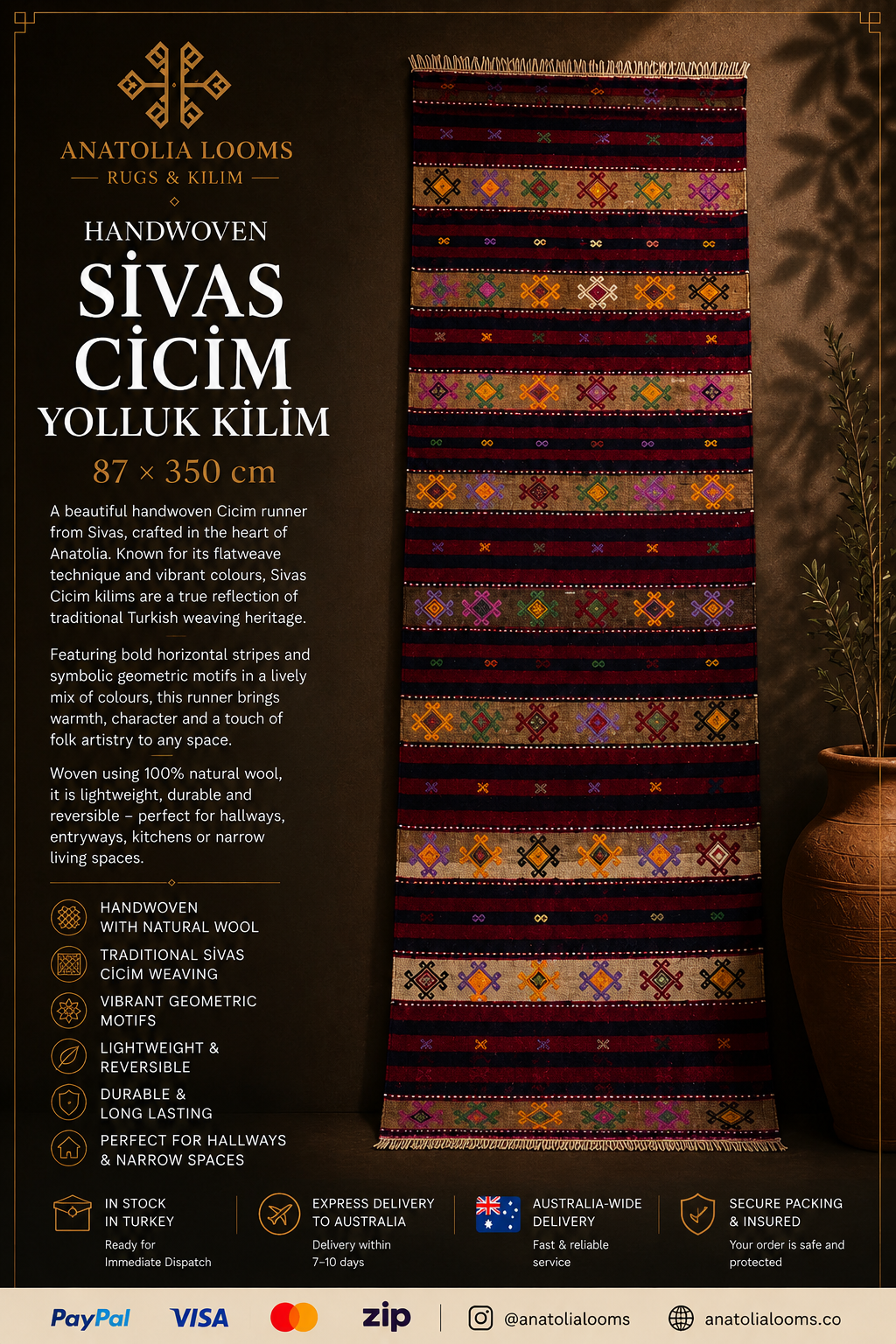 87 × 350 cm | Handmade Sivas Cicim Wool Kilim Runner
