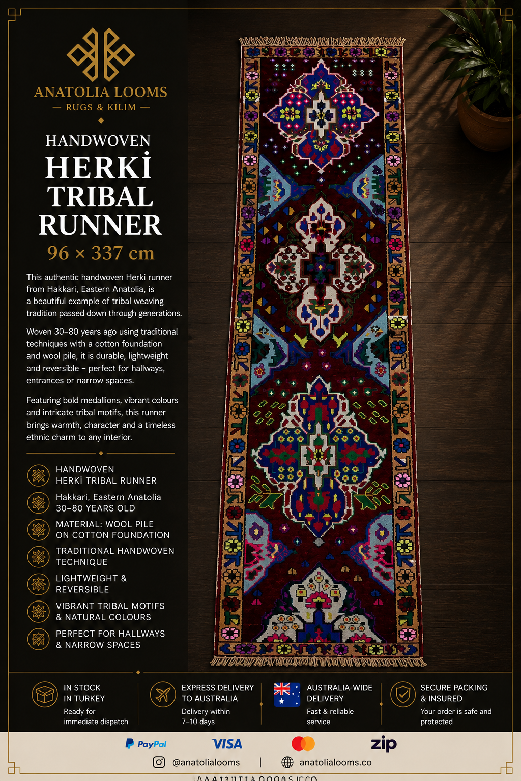 96 × 337 cm | Handmade Herki Tribal Wool Runner
