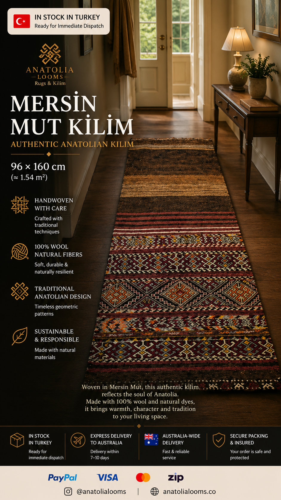 96 × 160 cm | Handmade Mersin Mut Wool Kilim