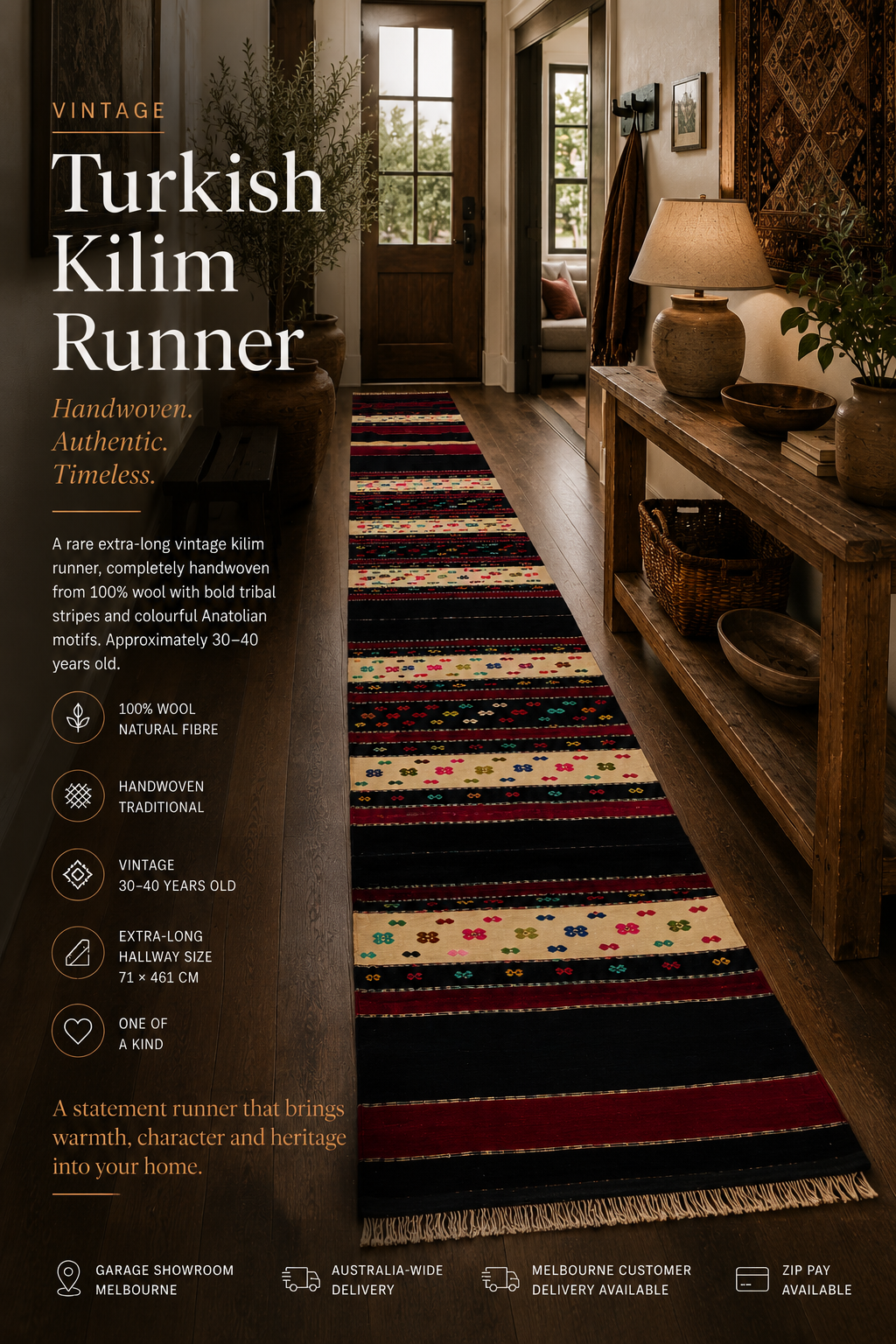 Vintage Turkish Kilim Runner – 71 × 461 cm – Handmade Wool Hallway Runner