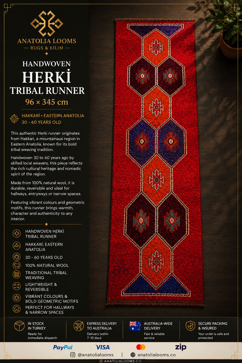 96 × 345 cm | Handmade Herki Tribal Wool Runner