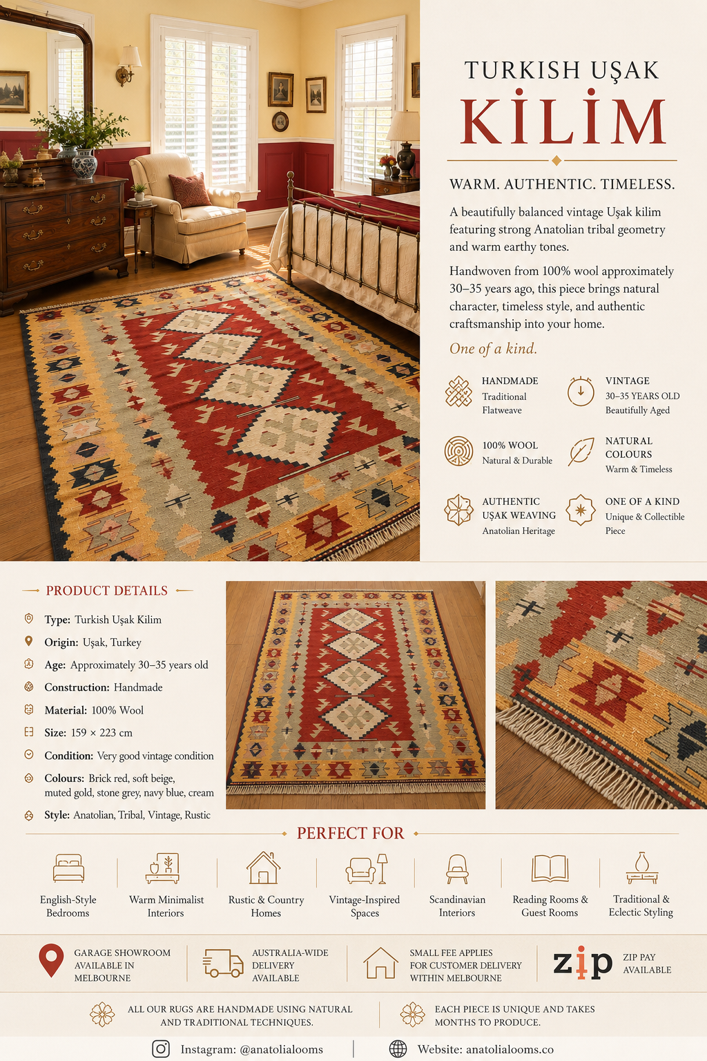 Vintage Turkish Uşak Kilim – 159 × 223 cm – Handmade Wool Anatolian Rug