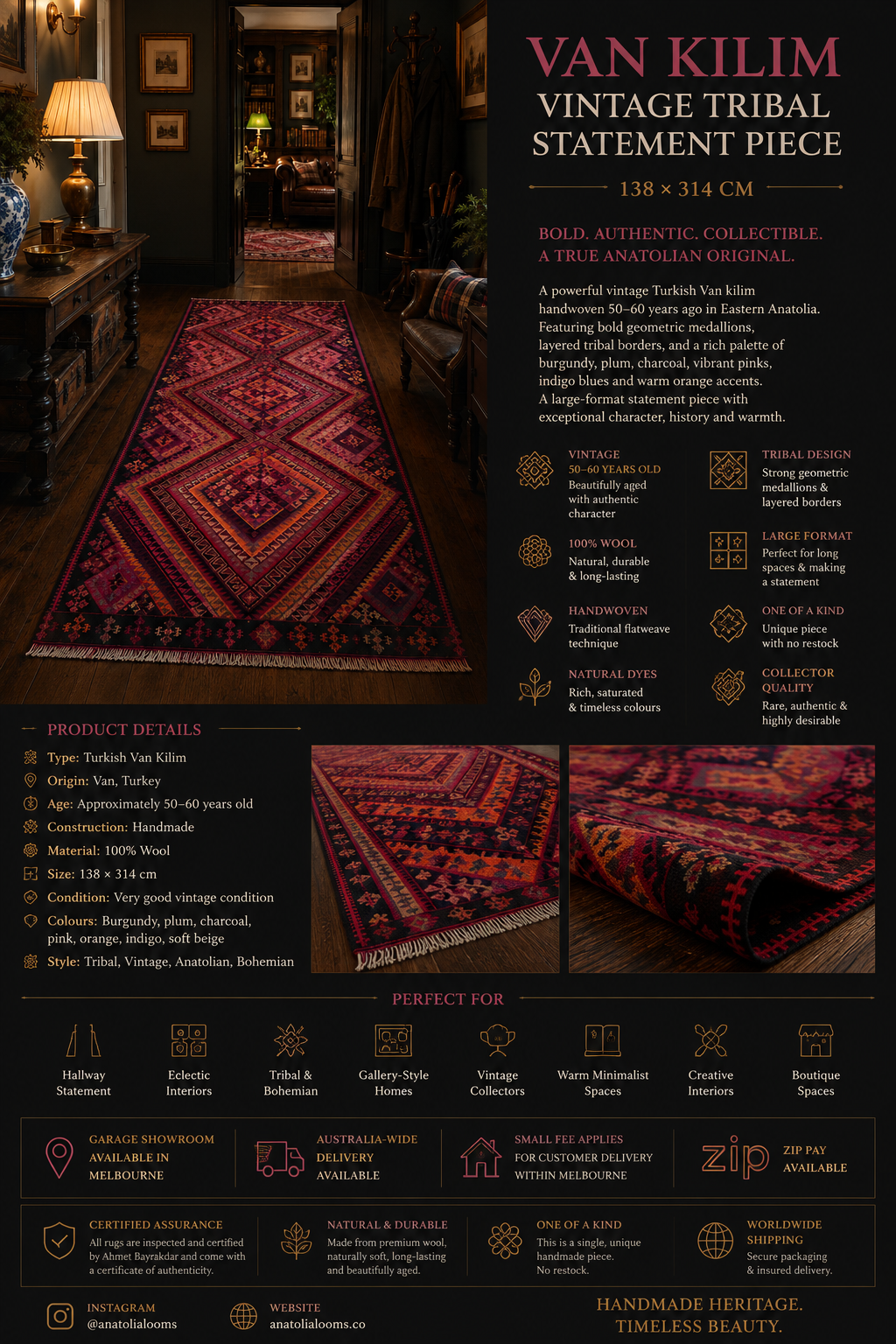 Vintage Turkish Van Kilim – 138 × 314 cm – Handmade Wool Tribal Rug