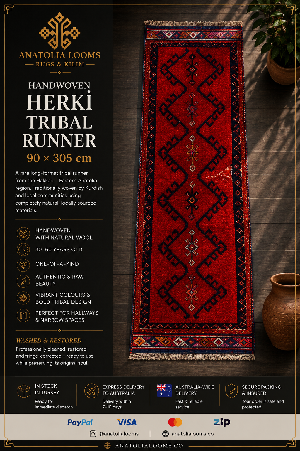 90 × 305 cm | Handmade Vintage Herki Wool Runner