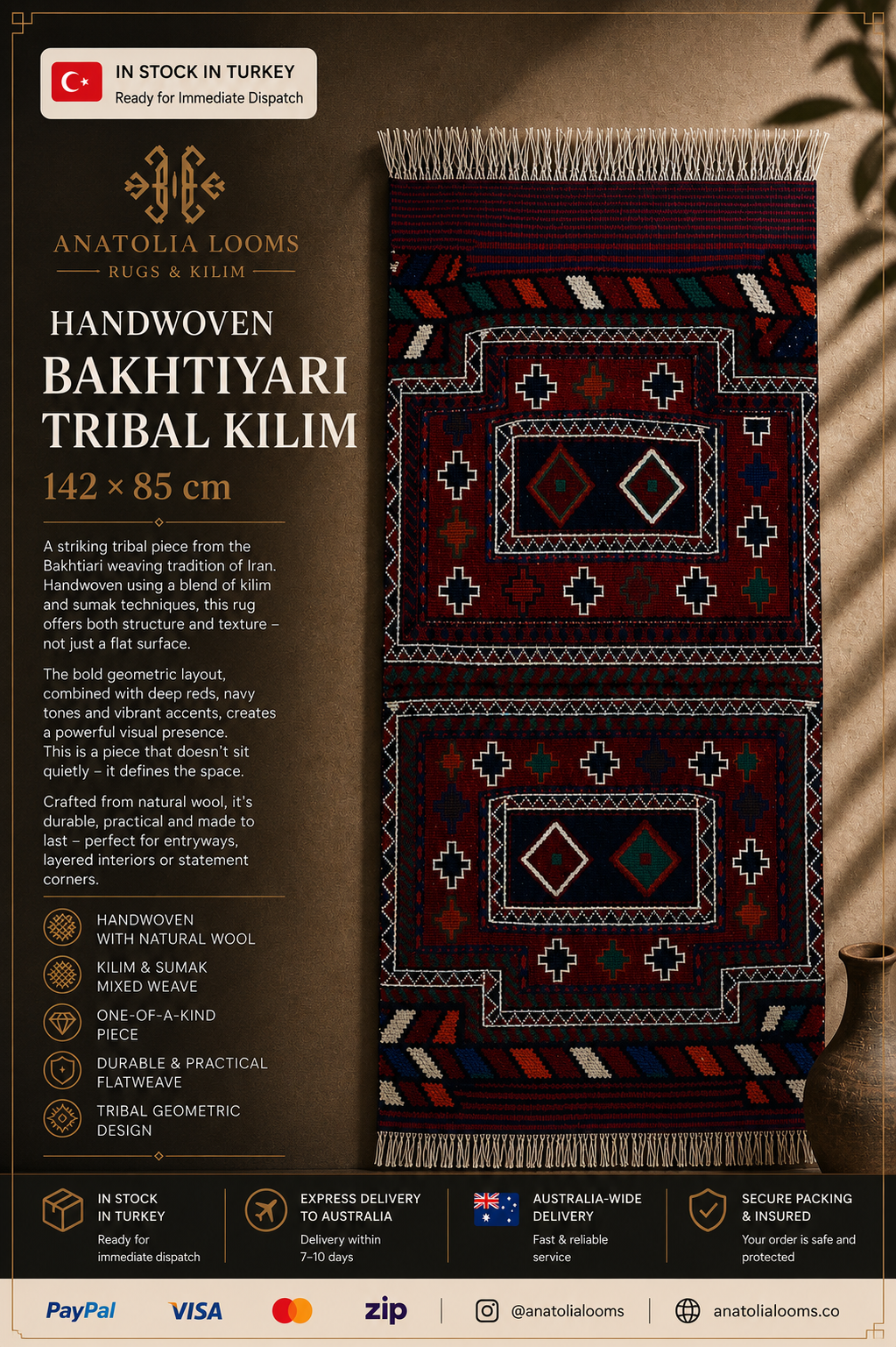 142 × 85 cm | Handmade Bakhtiyari Tribal Kilim