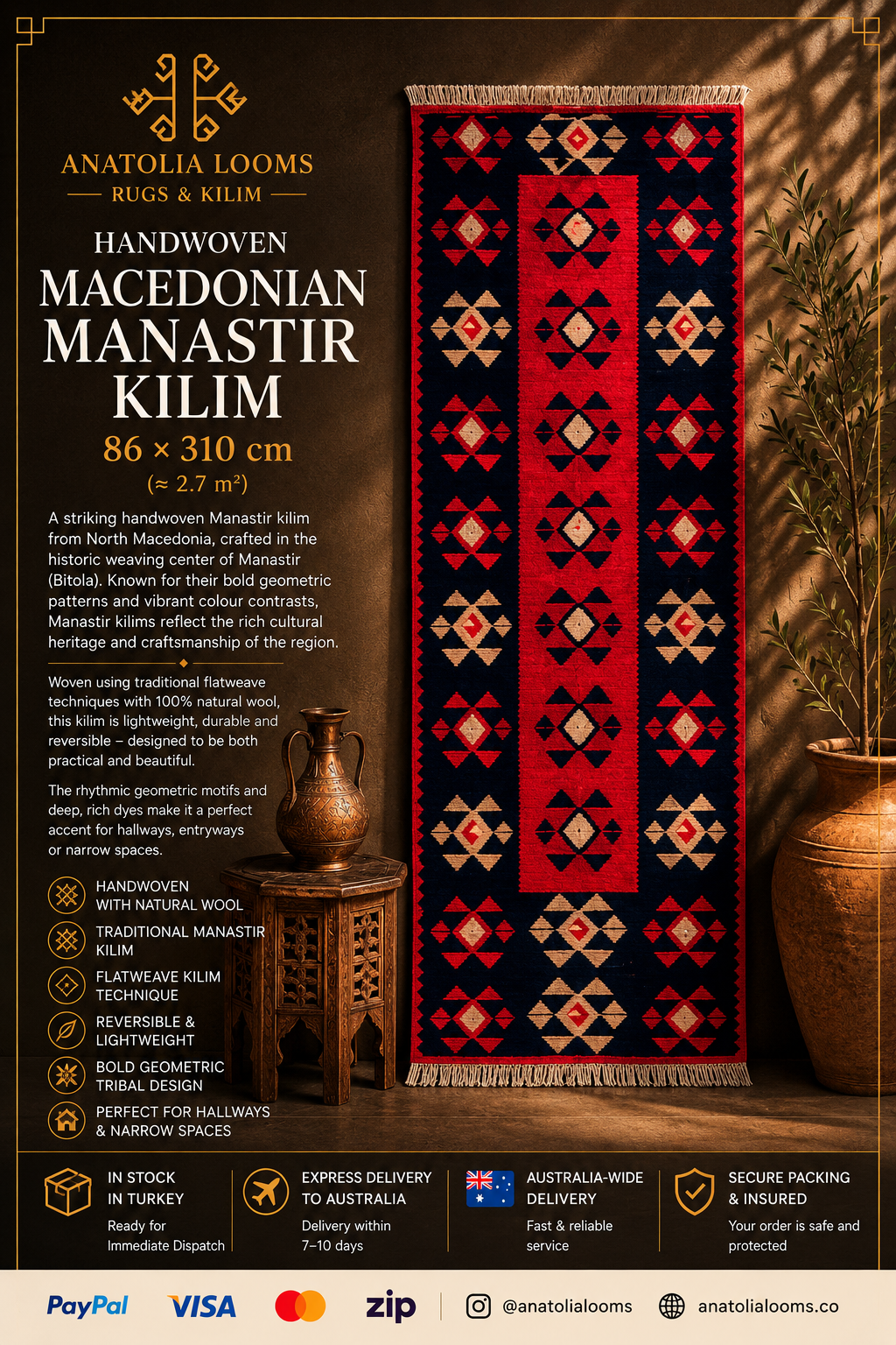 86 × 310 cm | Handmade Macedonian Manastir Wool Kilim Runner