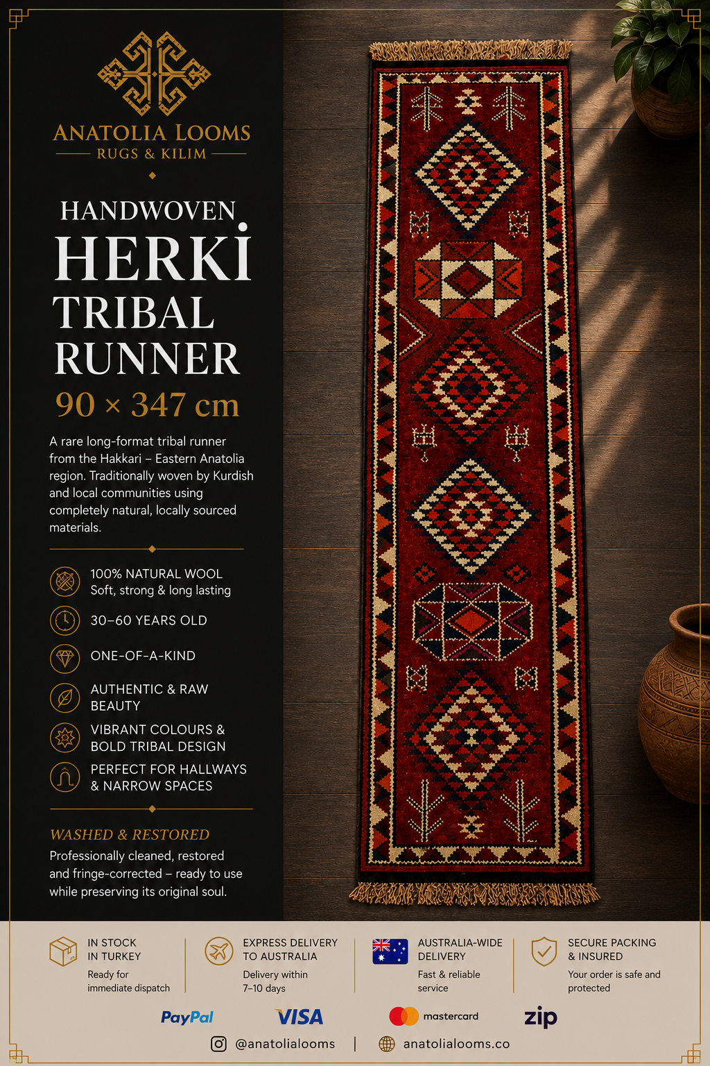 90 × 347 cm | Handmade Vintage Herki Wool Runner