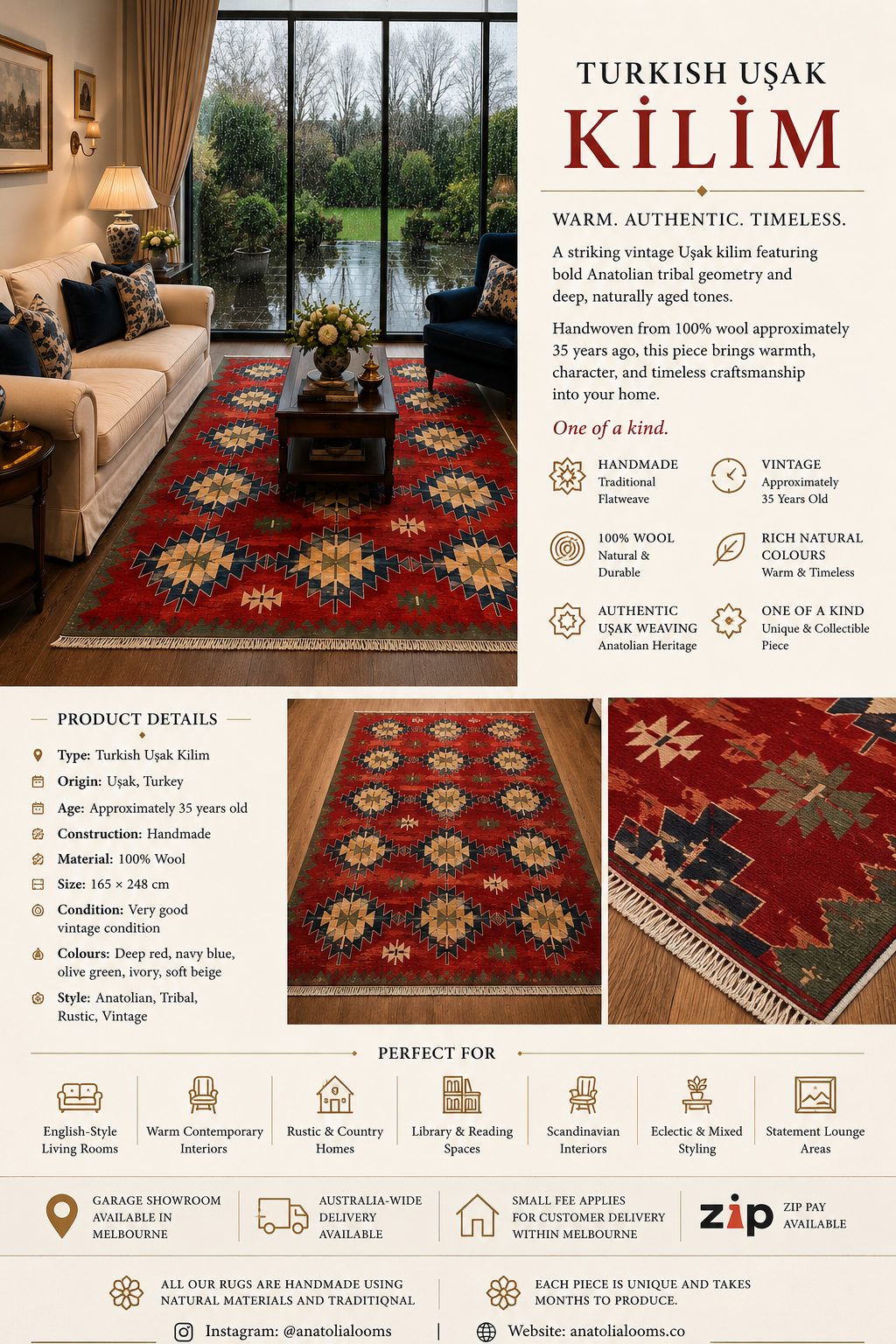 Vintage Turkish Uşak Kilim – 165 × 248 cm – Handmade Wool Tribal Rug