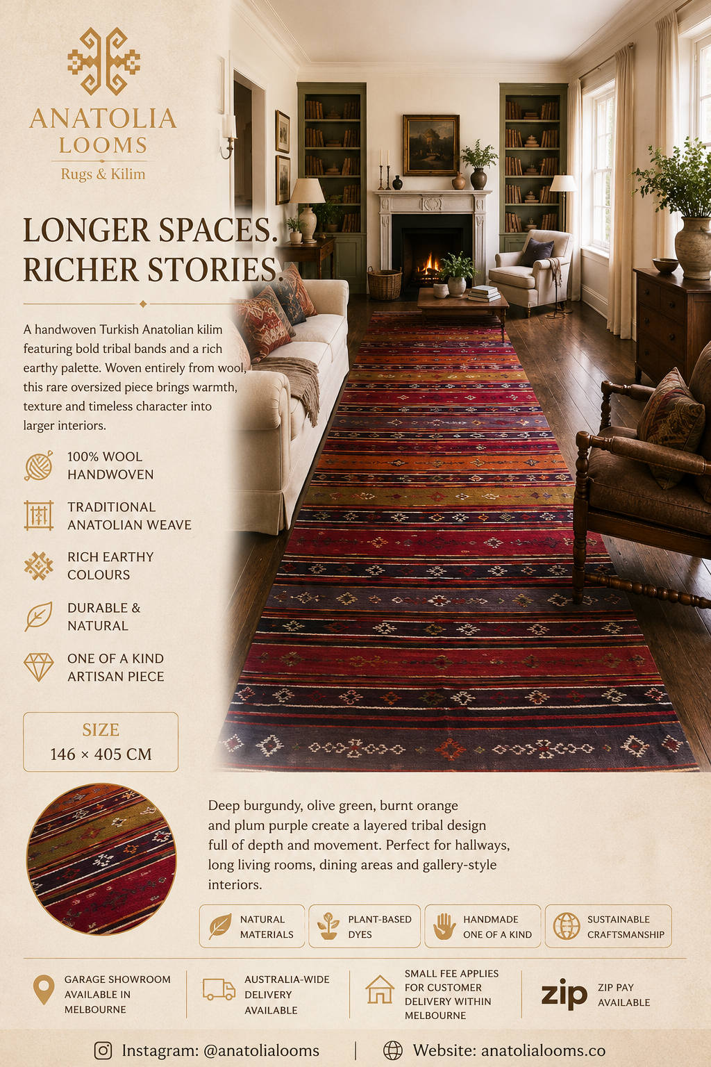 Large Handmade Turkish Kilim – 146 × 405 cm – Vintage Anatolian Wool Runner