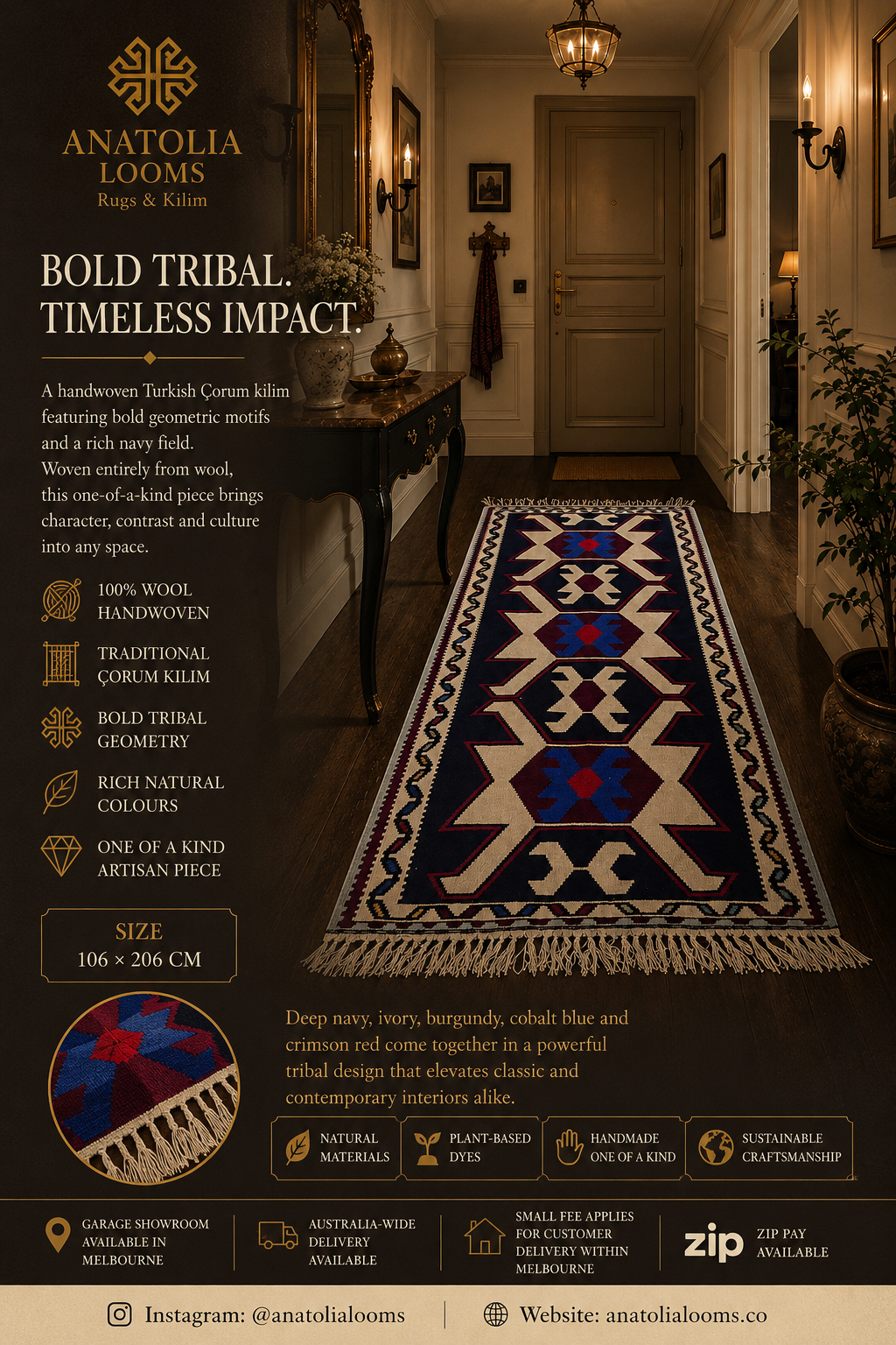 Handwoven Turkish Çorum Kilim – 106 × 206 cm – Tribal Wool Runner Kilim