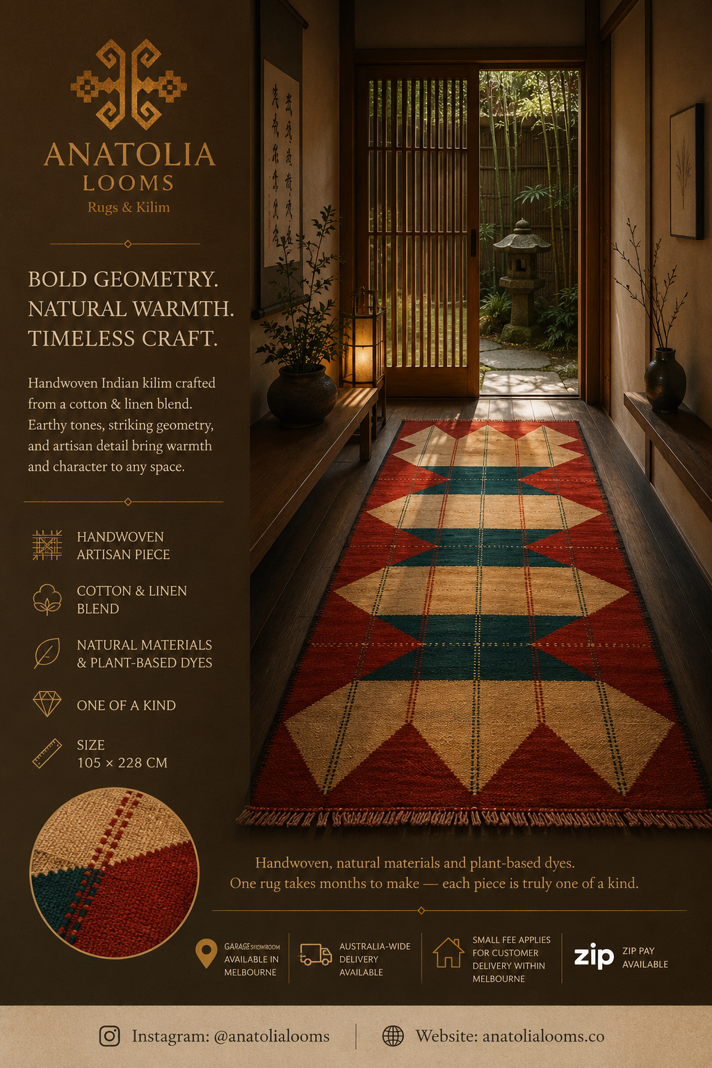 Handwoven Indian Kilim Runner – 105 × 228 cm – Cotton & Linen Blend Tribal Kilim