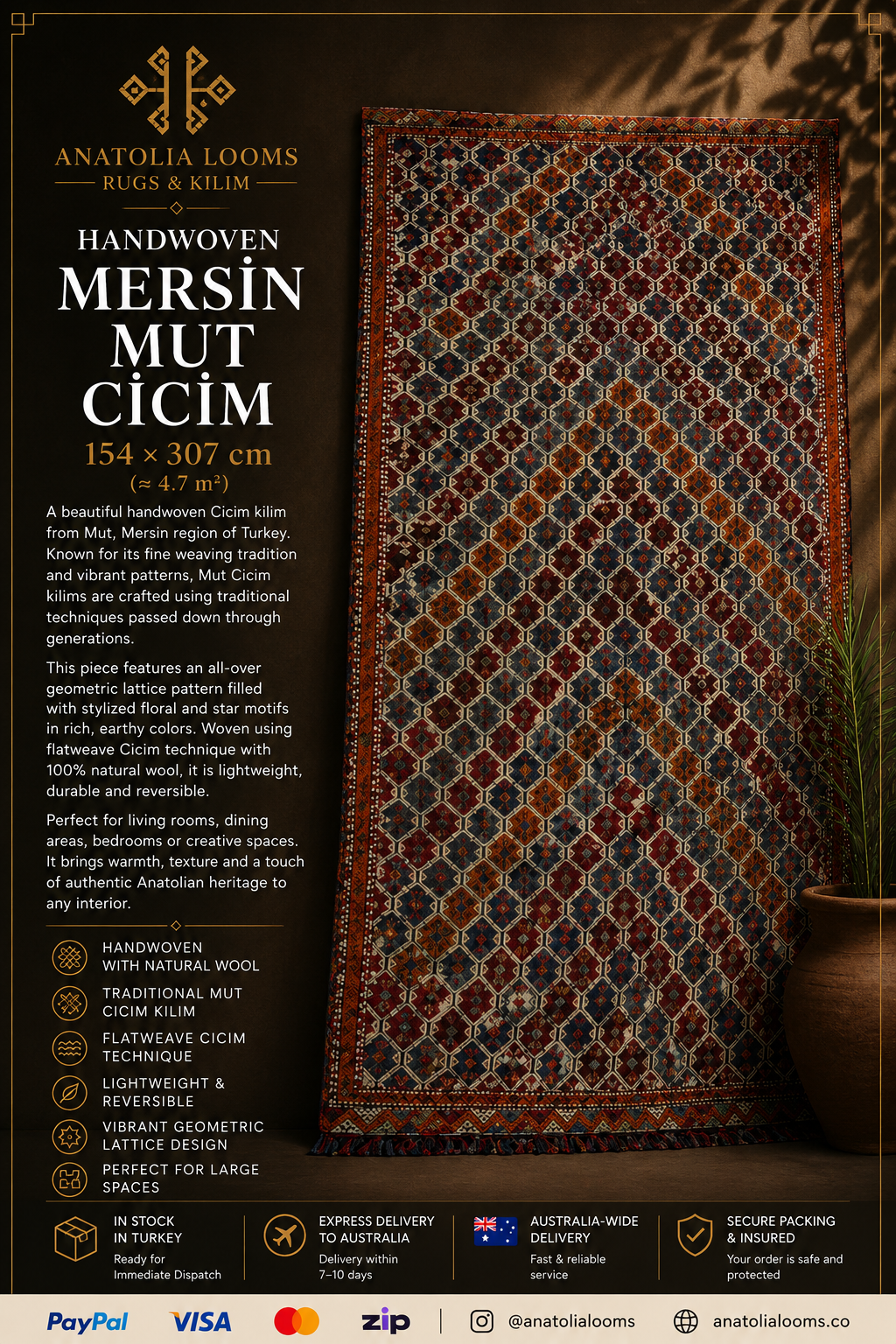 154 × 307 cm | Handmade Mersin Mut Cicim Wool Kilim