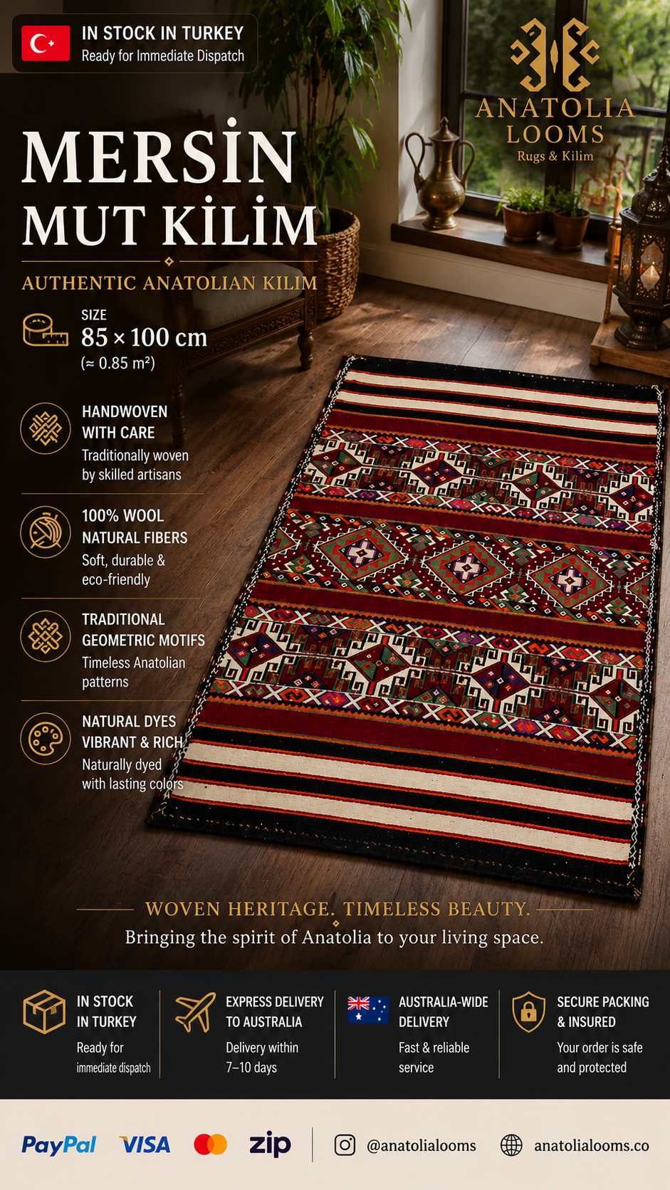 85 × 100 cm | Handmade Mersin Mut Wool Kilim