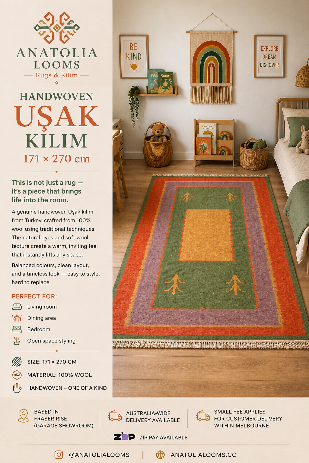 Vintage Uşak Kilim 171x270 cm – Handwoven Wool Turkish Rug – Colourful Anatolian Flatweave