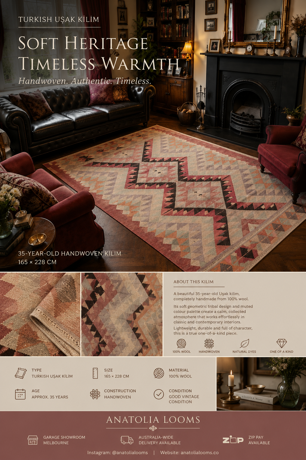 Vintage Turkish Uşak Kilim – 165 × 228 cm – Handmade Wool Tribal Rug