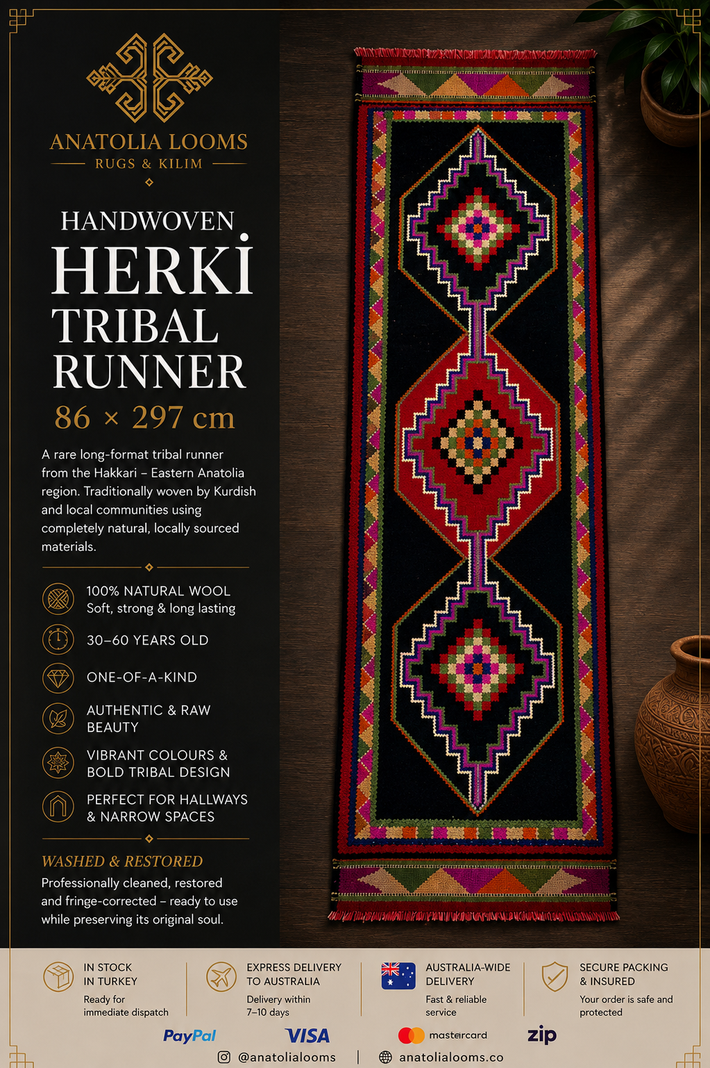 86 × 297 cm | Handmade Vintage Herki Wool Runner