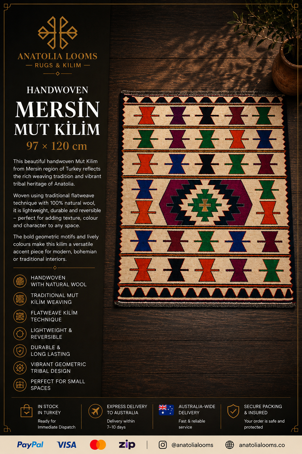 97 × 120 cm | Handmade Mersin Mut Wool Kilim