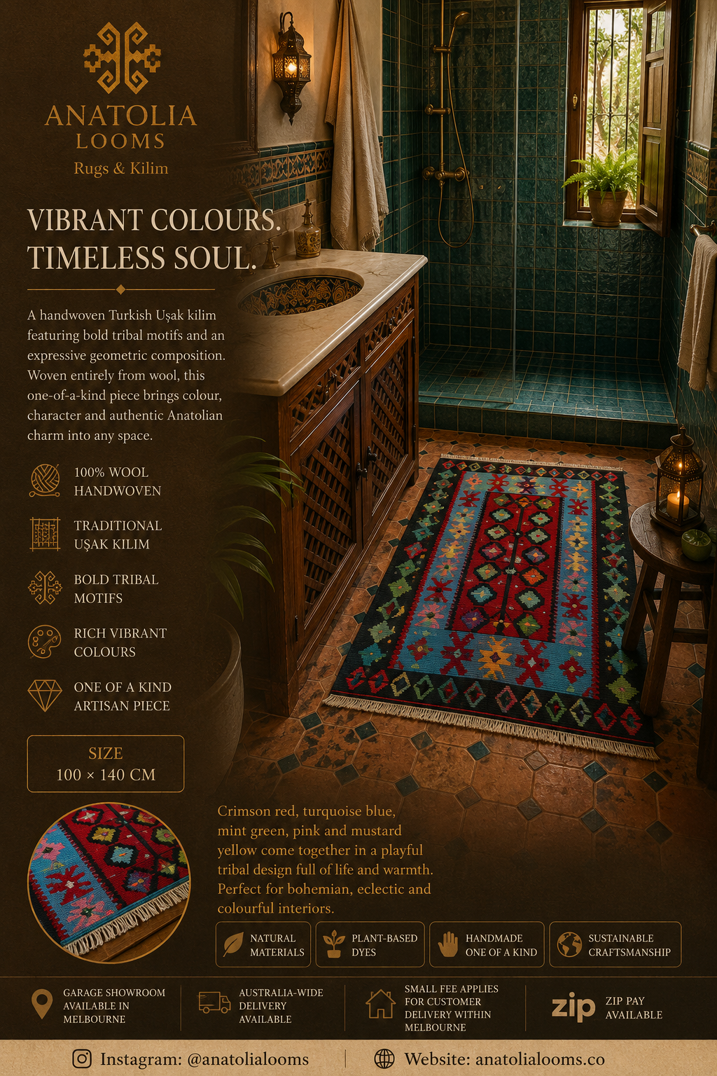 Handwoven Turkish Uşak Kilim – 100 × 140 cm – Colourful Tribal Wool Rug