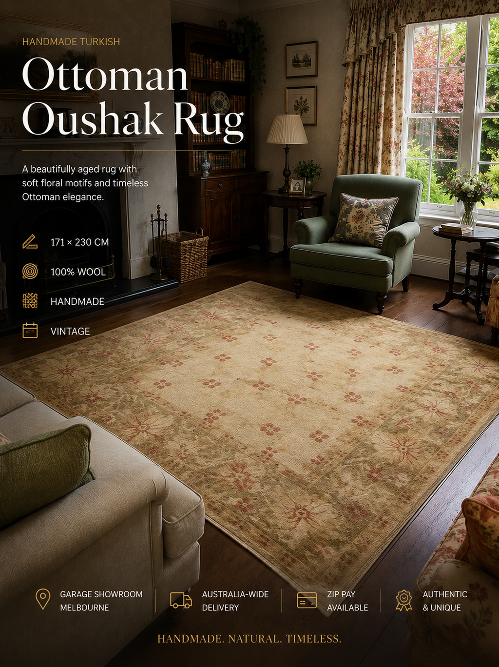 Ottoman Oushak Rug – 171 × 230 cm – Handmade Turkish Wool Rug – Soft Neutral Vintage Design