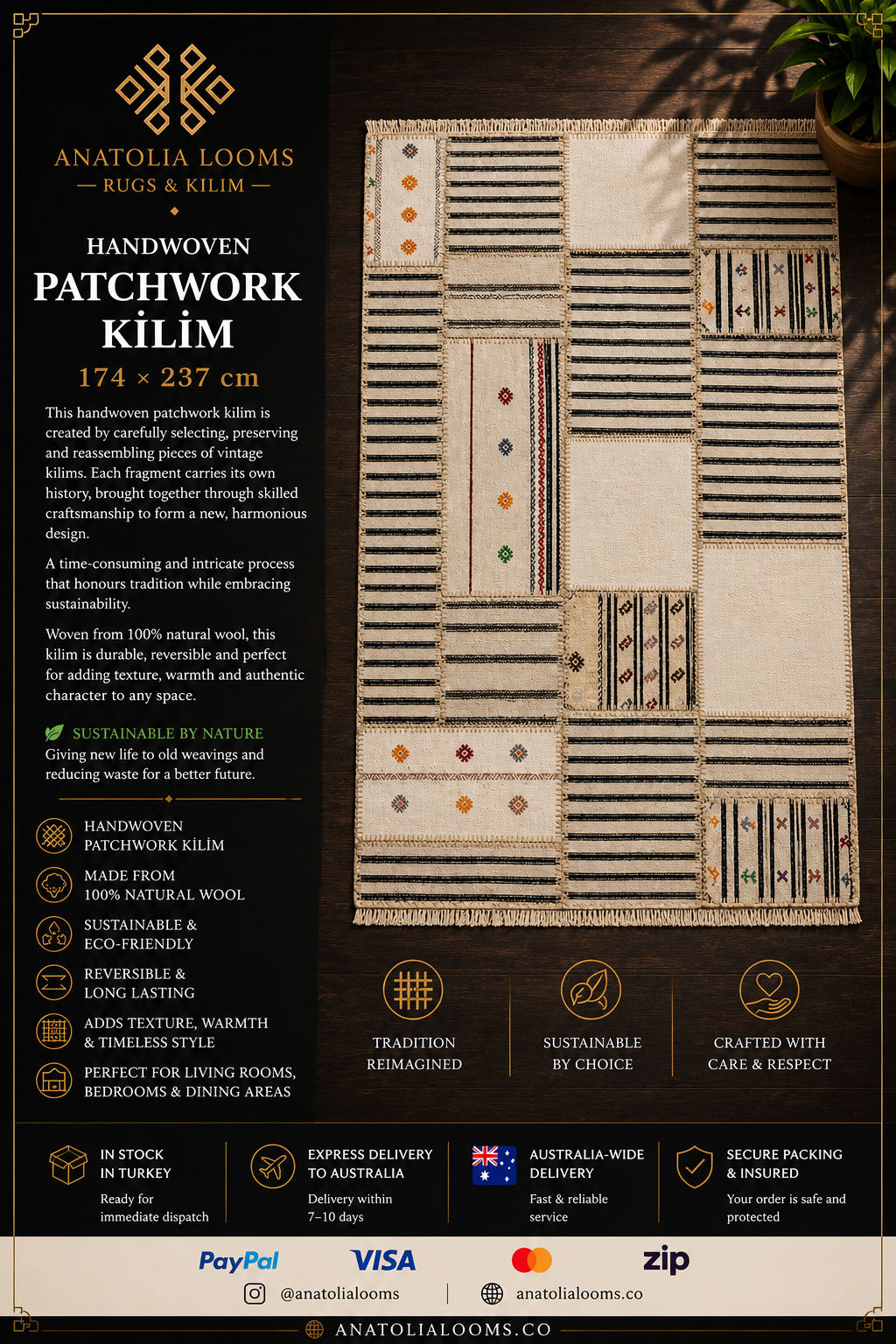 174 × 237 cm | Handmade Patchwork Wool Kilim