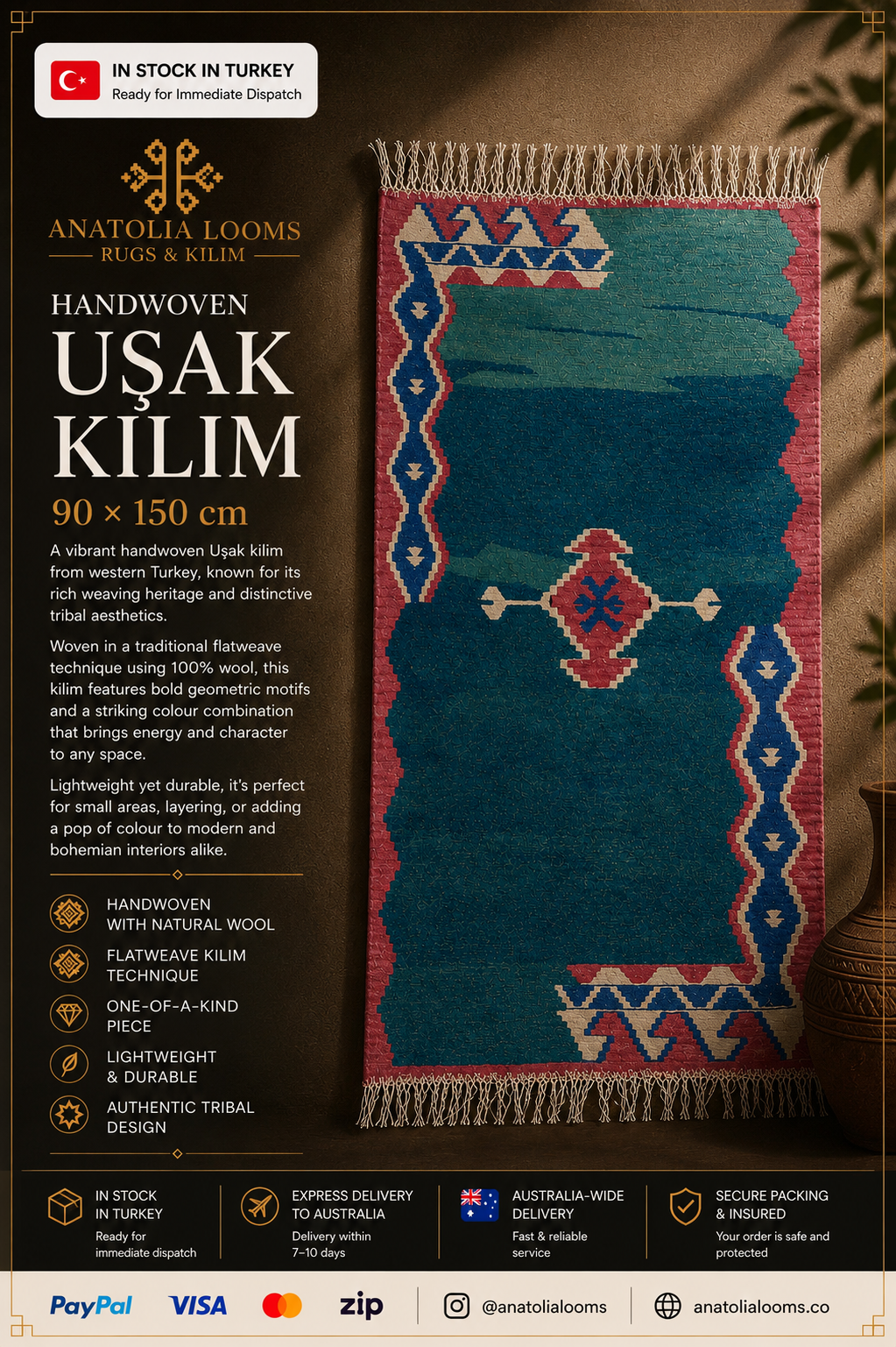 90 × 150 cm | Authentic Turkish Uşak Kilim