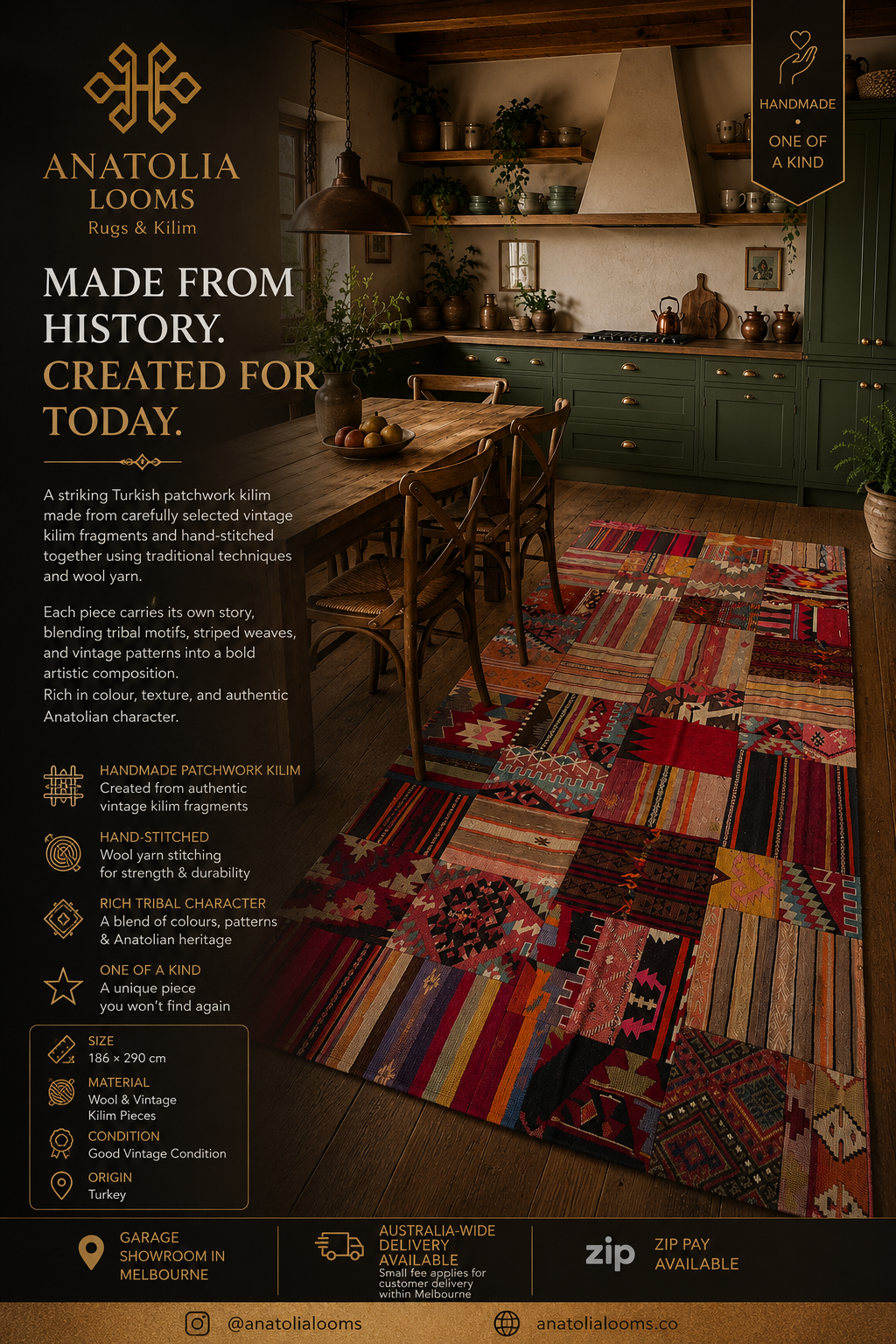 Turkish Patchwork Kilim Rug – 186 × 290 cm – Handmade Vintage Kilim Patchwork