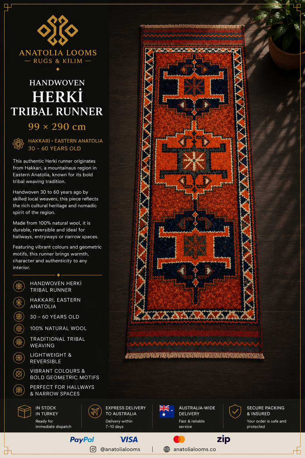 99 × 290 cm | Handmade Vintage Herki Wool Runner