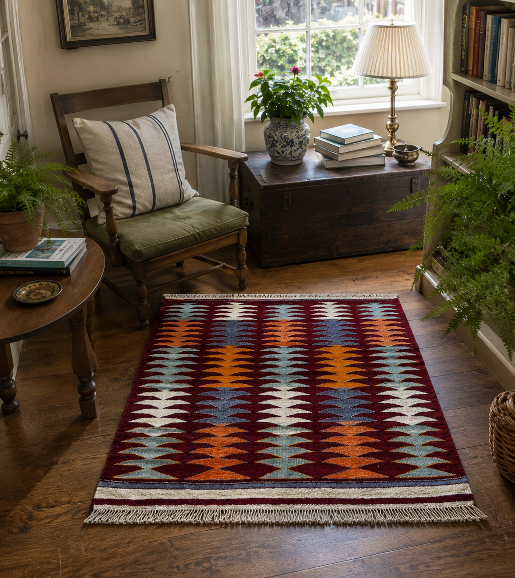 98 × 111 cm Vintage Afyon Parmaklı Kilim – Handmade Turkish Wool Carpet