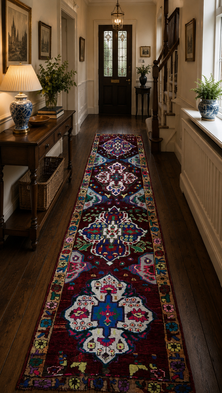 Herki Tribal Runner Rug – Burgundy · 96 × 337 cm
