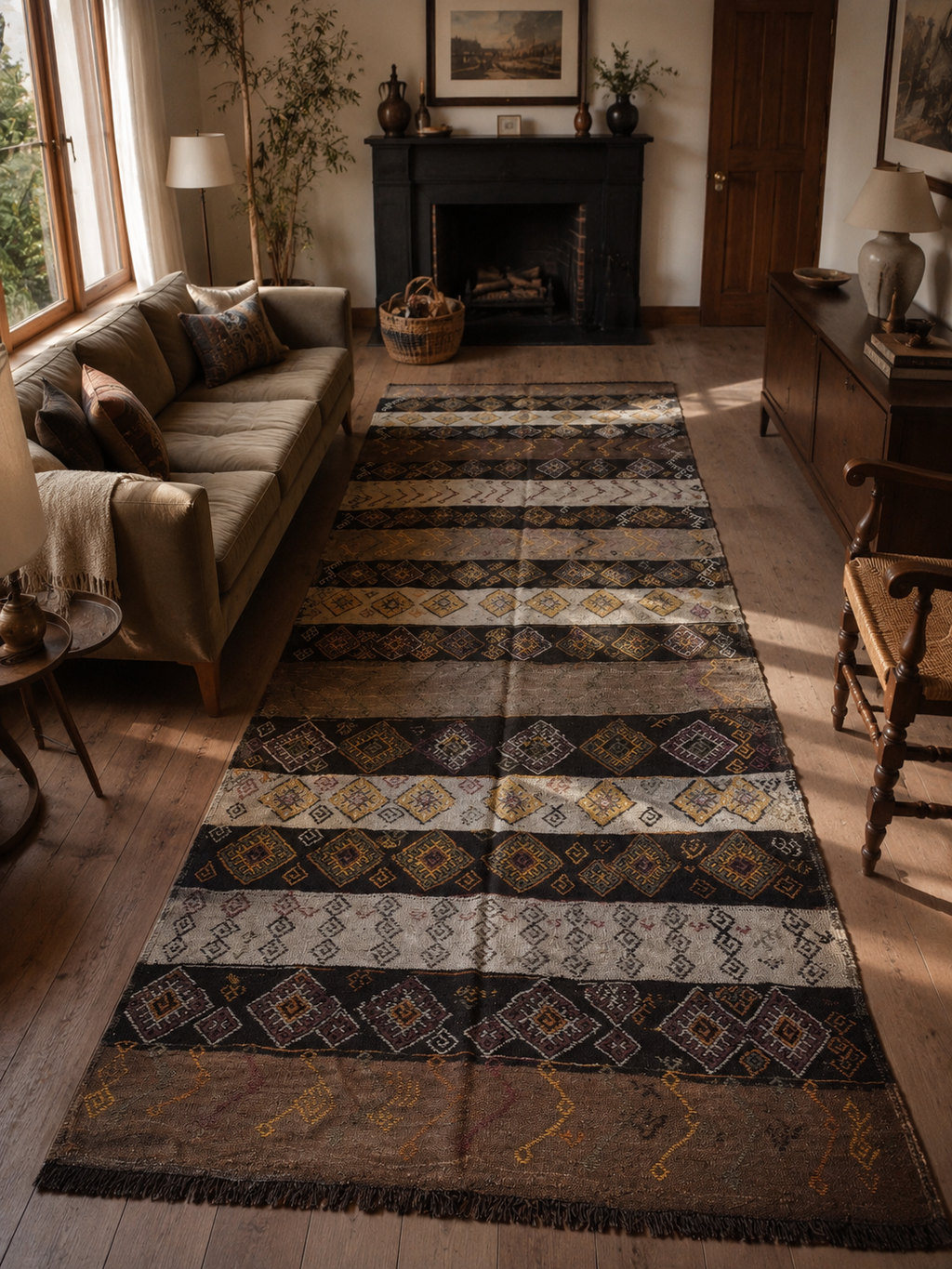 150 × 380 cm Handmade Turkish Kars Cicim Kilim Runner – Vintage Tribal Wool Flatweave