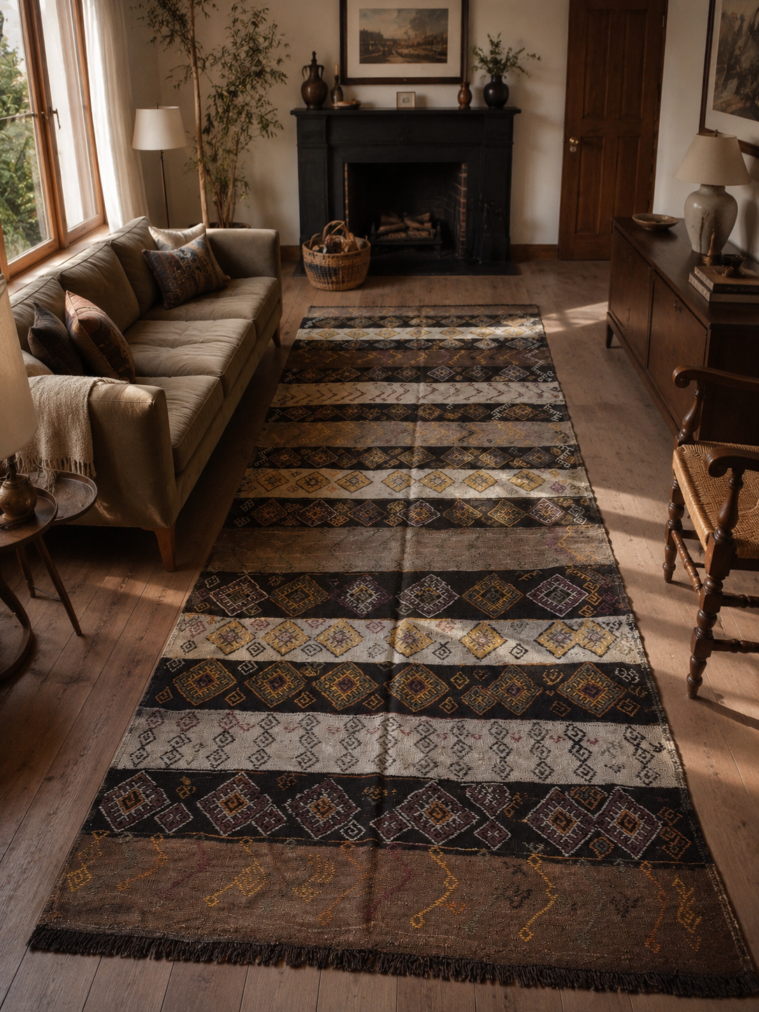 150 × 380 cm Handmade Turkish Kars Cicim Kilim Runner – Vintage Tribal Wool Flatweave