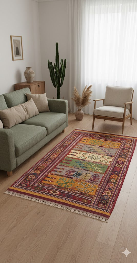 Embossed Anatolian Kilim – 136×205 cm | Handwoven Wool Tribal Carpet