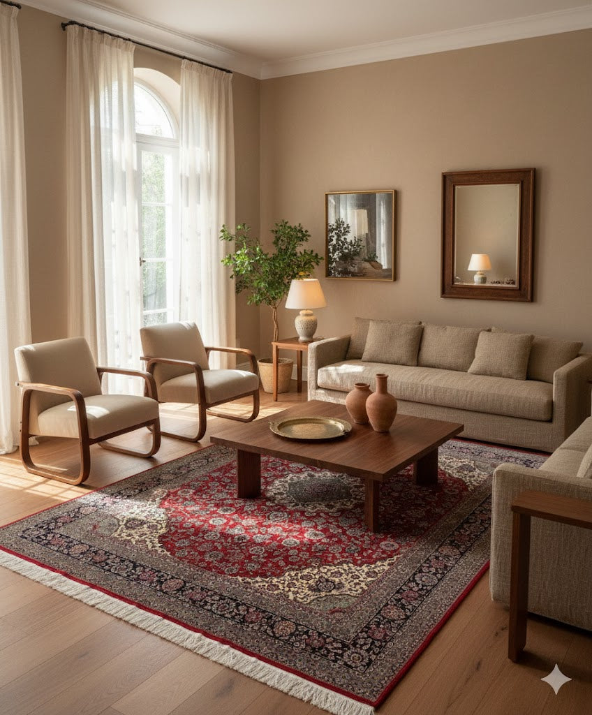 Turkish-Made Isfahan Style Rug – 305 × 245 cm – Fine Wool & Silk Highlights – Luxury Floral Medallion