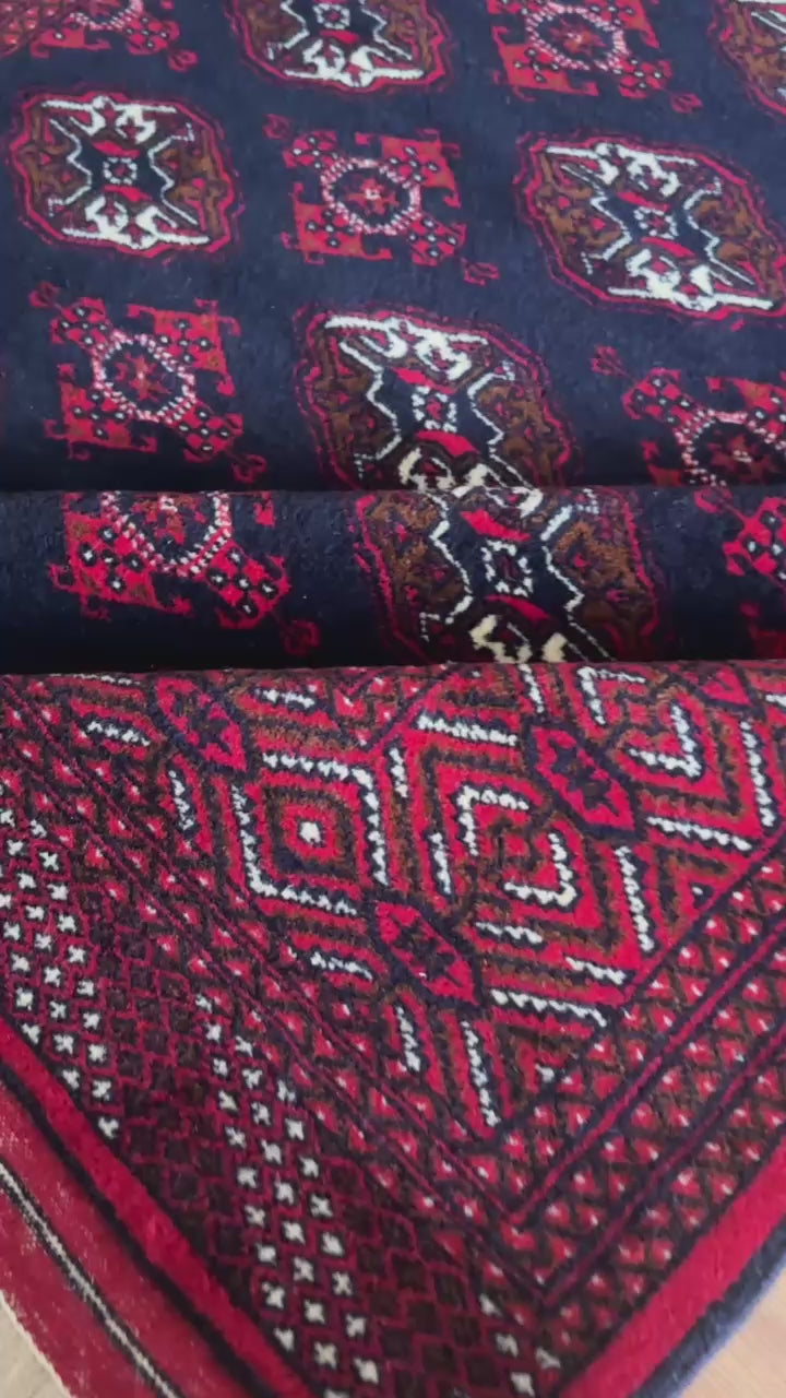 Handwoven Turkmen Rug – 204 x 300 cm | Traditional Burgundy & Navy Area Rug