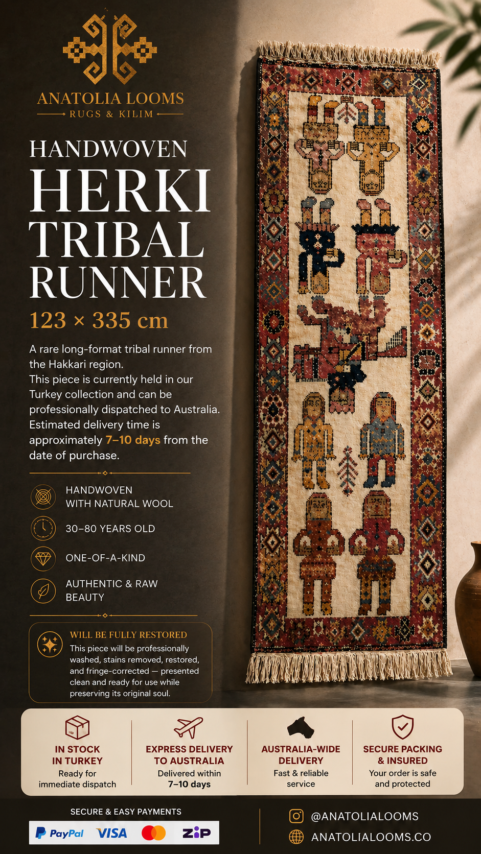 123 × 335 cm | Handmade Wool Tribal Runner