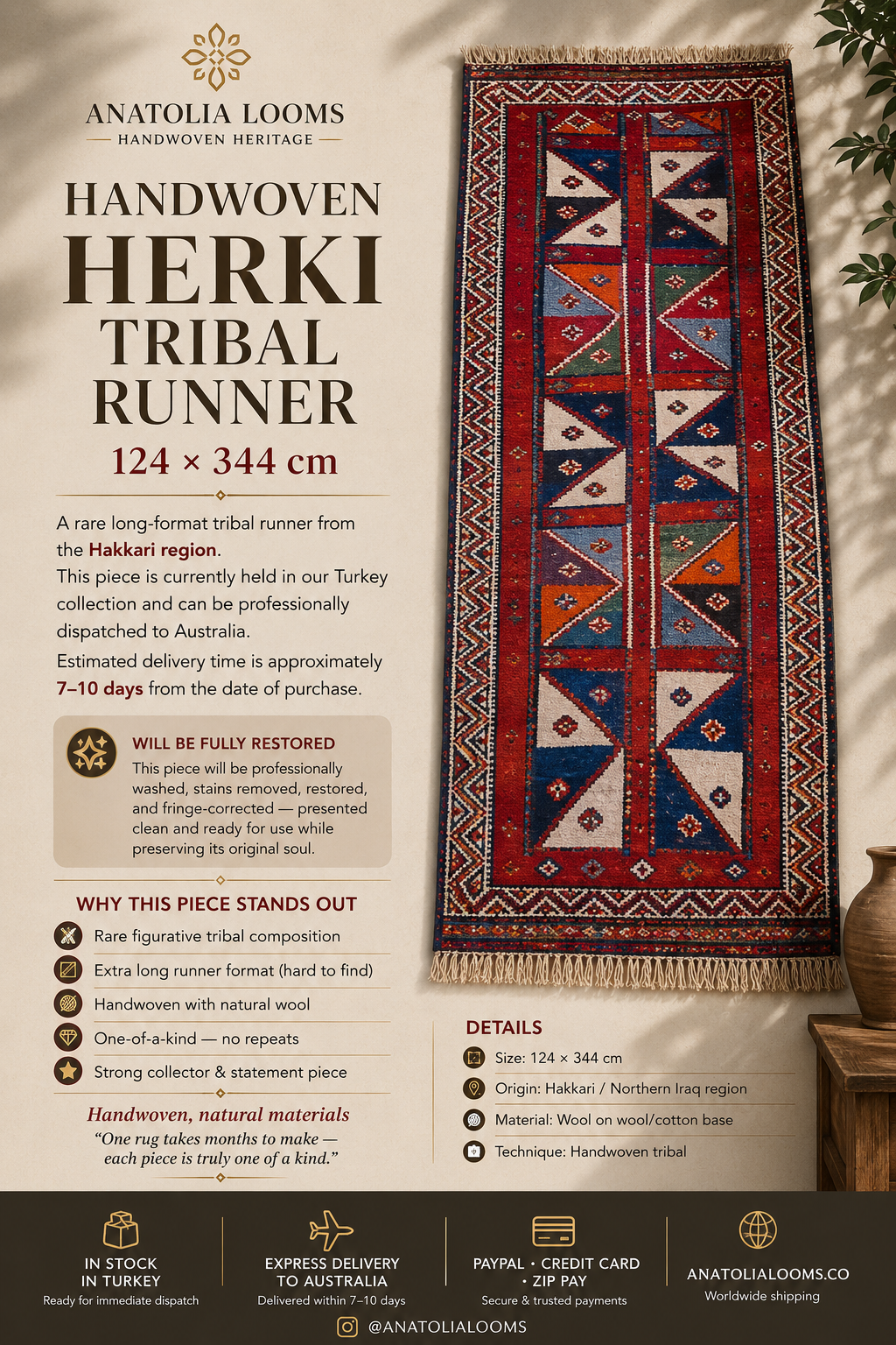 124 × 344 cm | Handmade Kurdish Tribal Runner