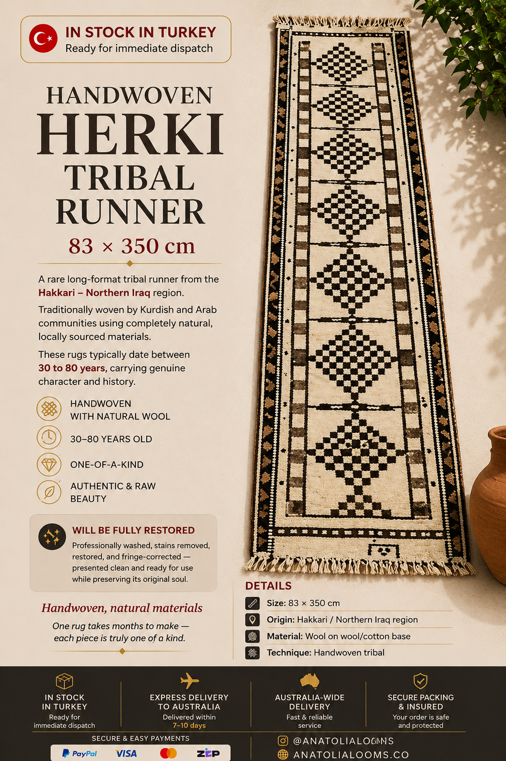 83 × 350 cm | Handmade Kurdish Tribal Runner