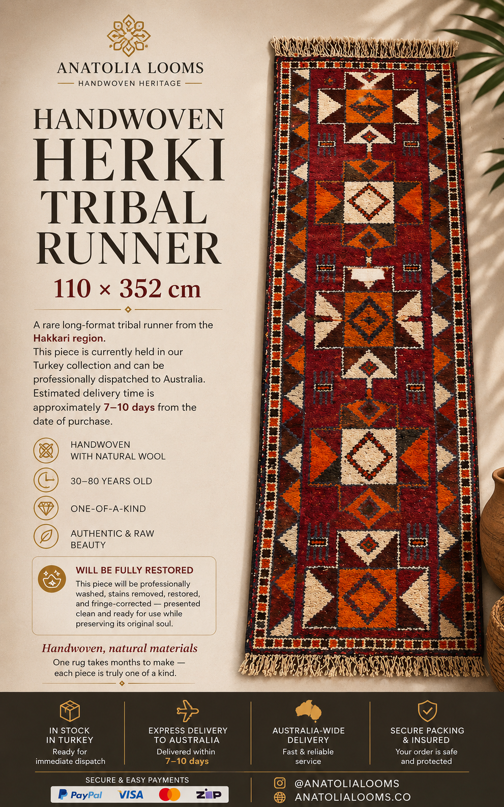 110 × 352 cm | Handmade Herki Tribal Runner