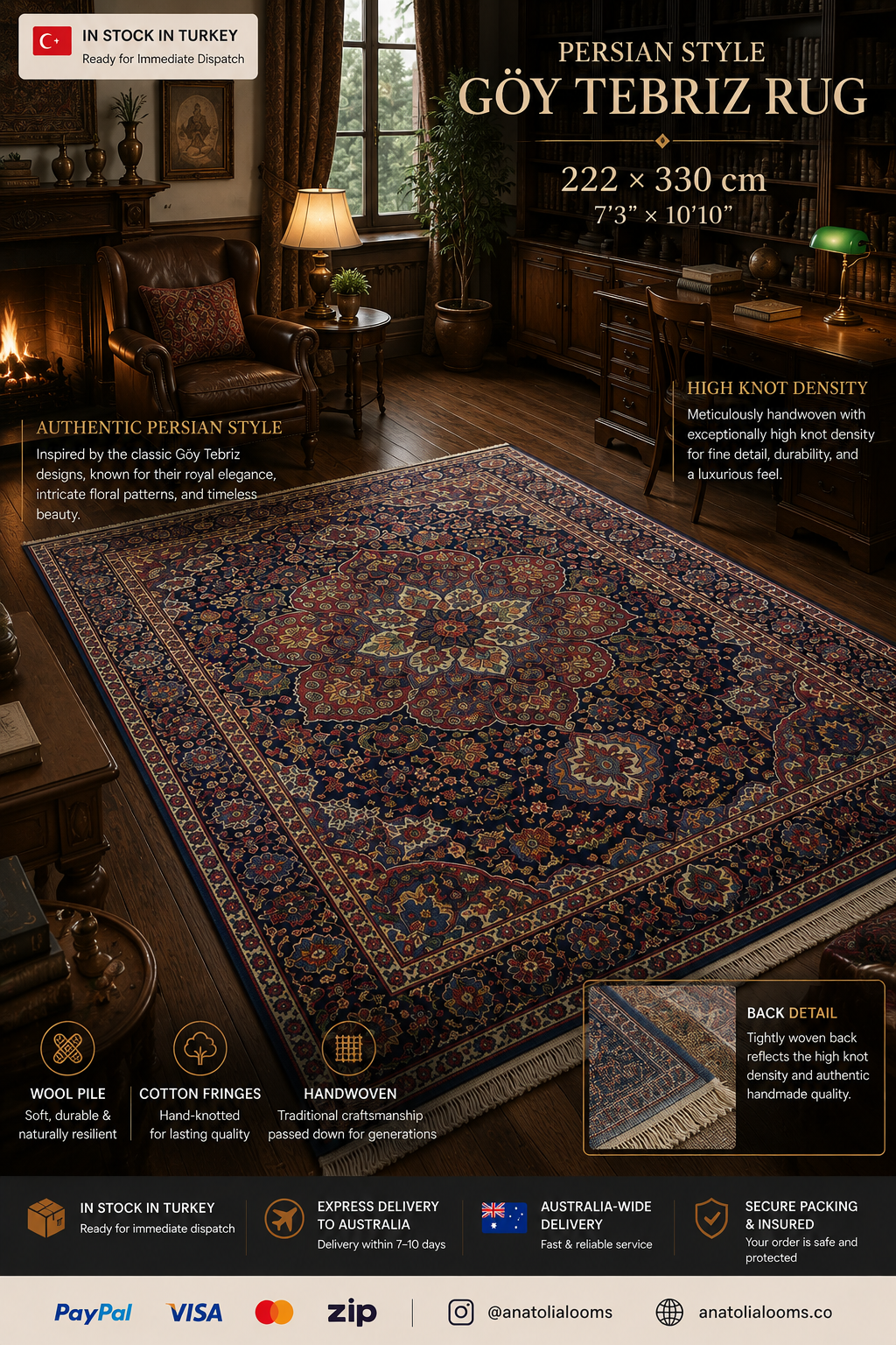 Persian Style Goy Tabriz Rug 222 × 330 cm | Handmade Wool Rug